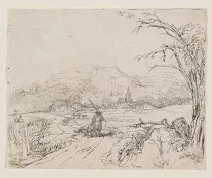 Pejzaż z myśliwym i psami autorstwa Rembrandt van Rijn