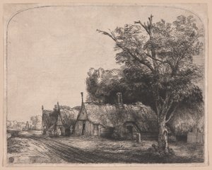 Krajobraz z trzema dwuspadowymi domkami przy drodze autorstwa Rembrandt van Rijn