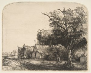 Krajobraz z trzema dwuspadowymi domkami przy drodze, 1650. autorstwa Rembrandt van Rijn