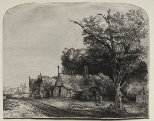 Krajobraz z trzema szczytowymi domkami przy drodze autorstwa Rembrandt van Rijn