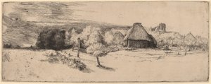 Krajobraz z drzewami, budynkami gospodarczymi i wieżą autorstwa Rembrandt van Rijn