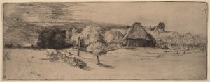Krajobraz z drzewami, budynkami gospodarczymi i wieżą autorstwa Rembrandt van Rijn