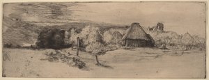 Krajobraz z drzewami, budynkami gospodarczymi i wieżą autorstwa Rembrandt van Rijn