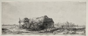 Krajobraz z chatą i stodołą na siano: podłużny autorstwa Rembrandt van Rijn