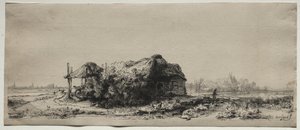 Krajobraz z chatą i stodołą na siano: podłużny autorstwa Rembrandt van Rijn
