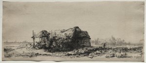 Krajobraz z chatą i stodołą na siano: Oblong, 1641. autorstwa Rembrandt van Rijn