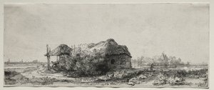 Krajobraz z chatą i stodołą na siano: Oblong, 1641. autorstwa Rembrandt van Rijn