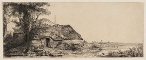 Krajobraz z domkiem i dużym drzewem autorstwa Rembrandt van Rijn