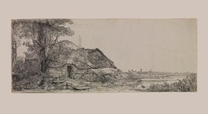 Krajobraz z domkiem i dużym drzewem autorstwa Rembrandt van Rijn