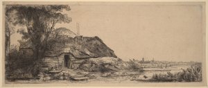 Krajobraz z chatą i dużym drzewem autorstwa Rembrandt van Rijn
