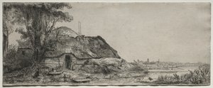 Krajobraz z chatą i dużym drzewem, 1641. autorstwa Rembrandt van Rijn