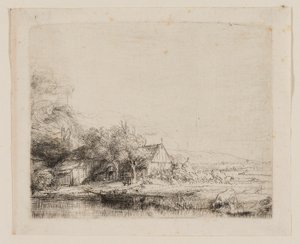 Krajobraz z pijącą krową autorstwa Rembrandt van Rijn