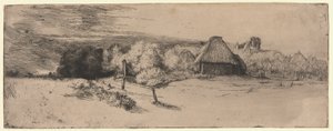 Krajobraz z budynkiem gospodarczym i „Domem z wieżą” autorstwa Rembrandt van Rijn