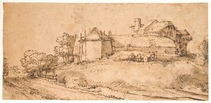 Krajobraz z domem wiejskim i stodołą na siano autorstwa Rembrandt van Rijn