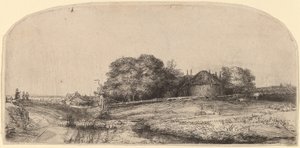 Krajobraz ze stodołą na siano i stadem owiec autorstwa Rembrandt van Rijn