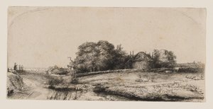Pejzaż ze stodołą na siano i stadem owiec autorstwa Rembrandt van Rijn