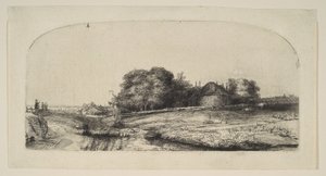 Krajobraz ze stodołą na siano i stadem owiec, 1652. autorstwa Rembrandt van Rijn