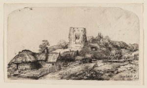Krajobraz z kwadratową wieżą autorstwa Rembrandt van Rijn