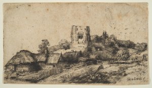 Krajobraz z kwadratową wieżą, 1650. autorstwa Rembrandt van Rijn