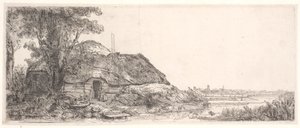 Krajobraz z domkiem i dużym drzewem autorstwa Rembrandt van Rijn