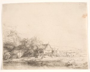 Krajobraz z krową pijąca wodę autorstwa Rembrandt van Rijn