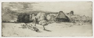 Krajobraz z budynkiem gospodarczym i „domem z wieżą” autorstwa Rembrandt van Rijn