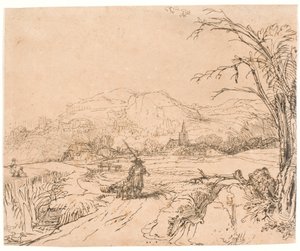 Krajobraz ze sportowcem i psami autorstwa Rembrandt van Rijn