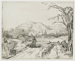 Krajobraz ze sportowcem i psami autorstwa Rembrandt van Rijn