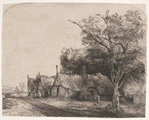 Krajobraz z trzema dwuspadowymi domkami przy drodze autorstwa Rembrandt van Rijn