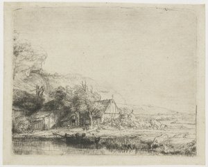 Krajobraz z krową pijąca wodę autorstwa Rembrandt van Rijn