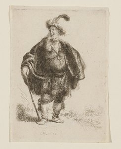Mężczyzna stojący w orientalnym stroju i futrzanej czapce z piórami autorstwa Rembrandt van Rijn