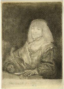 Mężczyzna przy biurku z krzyżem i łańcuchem autorstwa Rembrandt van Rijn