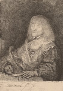 Mężczyzna przy biurku noszący krzyż i łańcuch, 1641. autorstwa Rembrandt van Rijn