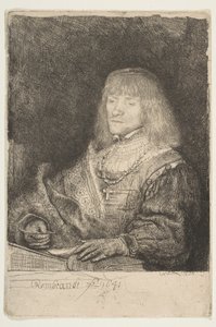 Mężczyzna przy biurku noszący krzyż i łańcuch, 1641. autorstwa Rembrandt van Rijn