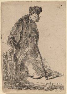 Mężczyzna w płaszczu i futrzanej czapce oparty o brzeg autorstwa Rembrandt van Rijn