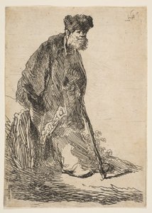 Mężczyzna w płaszczu i futrzanej czapce oparty o bank, ca. 1630. autorstwa Rembrandt van Rijn
