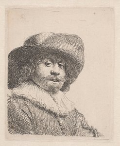 Mężczyzna w kapeluszu z szerokim rondem i kryzą autorstwa Rembrandt van Rijn