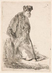 Mężczyzna w płaszczu i futrzanej czapce, oparty o ławkę autorstwa Rembrandt van Rijn