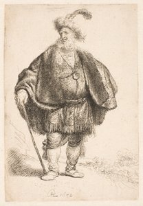 Mężczyzna w orientalnym stroju i futrzanej czapce z piórami autorstwa Rembrandt van Rijn
