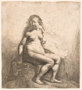 Naga kobieta siedząca na pagórku autorstwa Rembrandt van Rijn