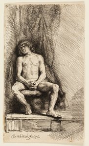 Nagi mężczyzna siedzący przed zasłoną autorstwa Rembrandt van Rijn