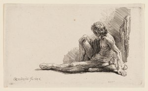 Nagi mężczyzna siedzący na ziemi z wyciągniętą jedną nogą autorstwa Rembrandt van Rijn