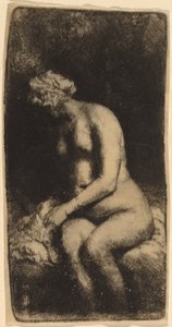 Nude siedzący na ławce z poduszką (kobieta kąpiąca stopy w potoku) autorstwa Rembrandt van Rijn
