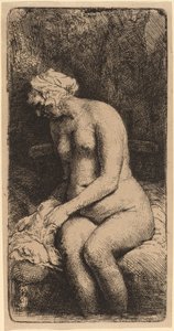 Nude siedzący na ławce z poduszką (kobieta kąpiąca stopy w potoku) autorstwa Rembrandt van Rijn