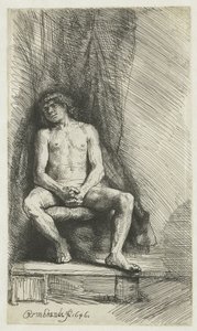 Nagi młody mężczyzna, siedzący przed zasłoną Nagi mężczyzna siedzący przed zasłoną autorstwa Rembrandt van Rijn