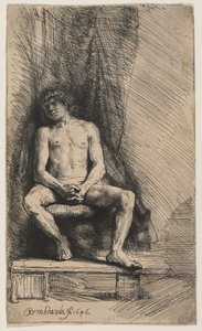Naga młodzież siedząca przed zasłoną autorstwa Rembrandt van Rijn