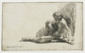 Nagi mężczyzna siedzący na ziemi z jedną nogą wyprostowaną autorstwa Rembrandt van Rijn