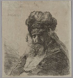 Stary brodaty mężczyzna w wysokiej futrzanej czapce, z zamkniętymi oczami autorstwa Rembrandt van Rijn