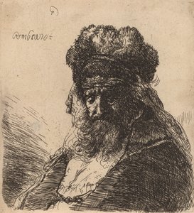 Stary brodaty mężczyzna w wysokiej futrzanej czapce, z zamkniętymi oczami, ok. 1930 r. 1635. autorstwa Rembrandt van Rijn