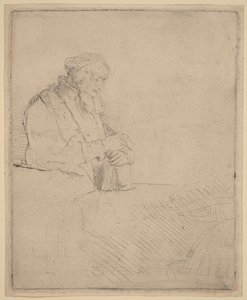 Starzec w medytacji, oparty o książkę autorstwa Rembrandt van Rijn